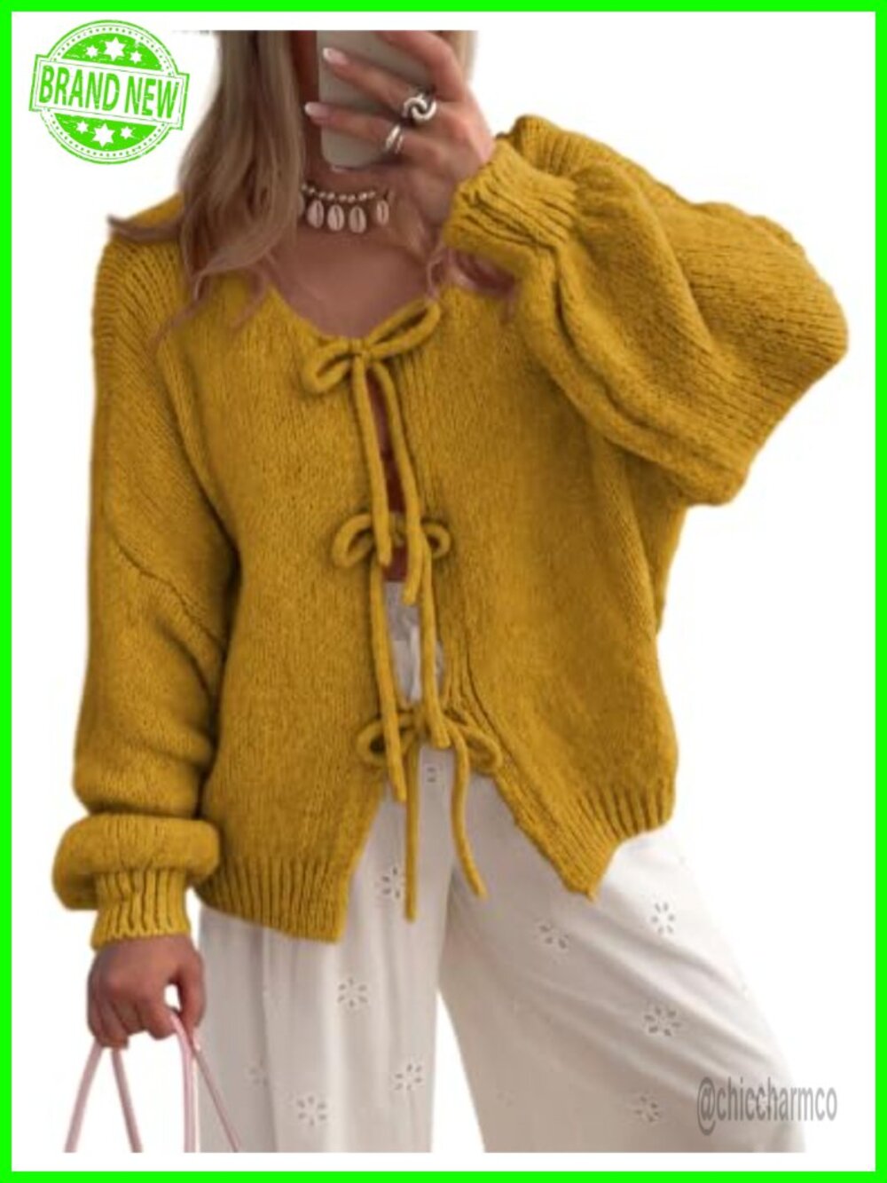 Oversized Bowtie Knit Cardigan V-Neck Long Sleeve Open Front Sweater